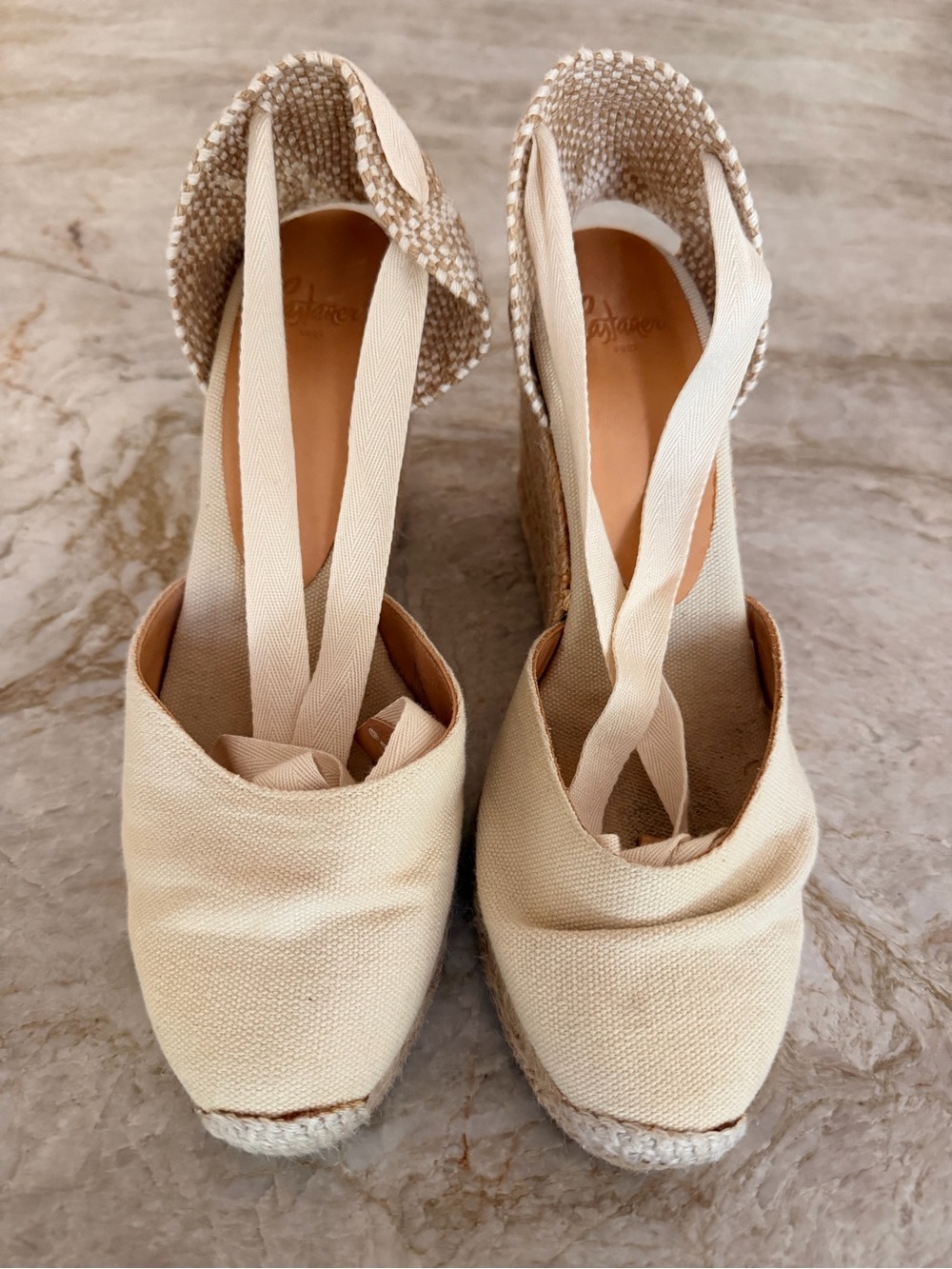 Castaner Neutral Canvas Espadrille Wedge Sandals with Ankle Ties